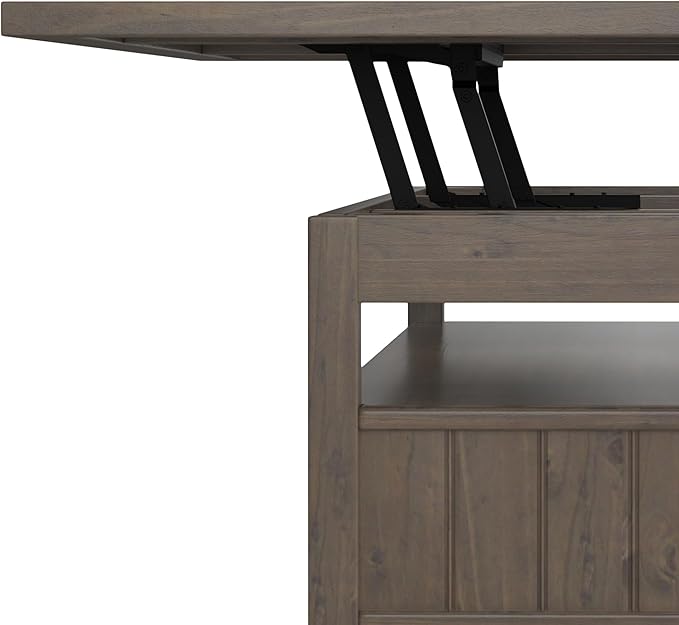 SIMPLIHOME Lev Lift Top Coffee Table - 48 inch Wide Solid Wood Rectangle Living Room Table in Smoky Brown, Transitional Cocktail Table for Family Room with Hidden Storage and Open Shelf