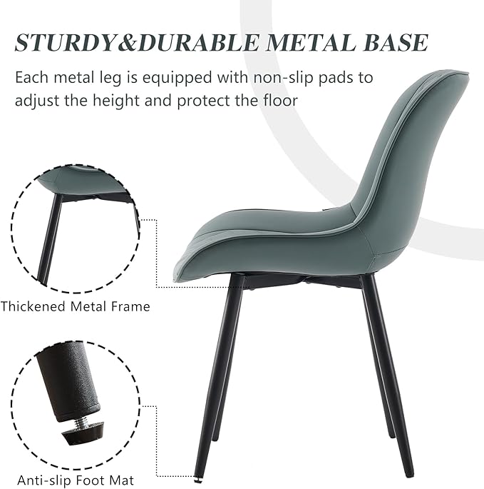 YOUNIKE Dining Chairs Set of 2 with High Back Mid Century Modern Kitchen & Dining Room Chairs PU Faux Leather Upholstered Wide Comfortable Padded Accent Chair for Living Room Bedroom Greyish Green