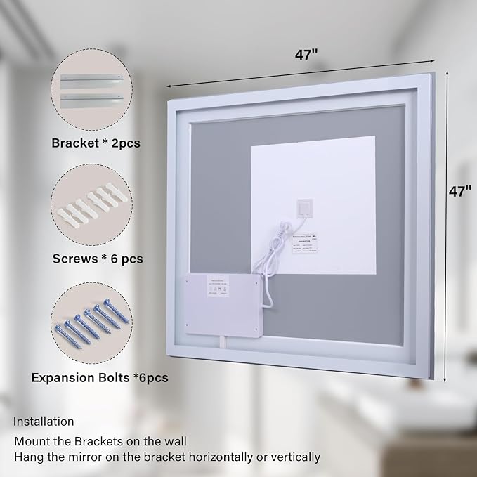 47"x 47" LED Bathroom Mirror, Backlit + Front Lit, LED Bathroom Mirror with Lights for Wall, 3 Colors, Anti-Fog, Dimmable Brightness, Memory Function, Tempered Glass