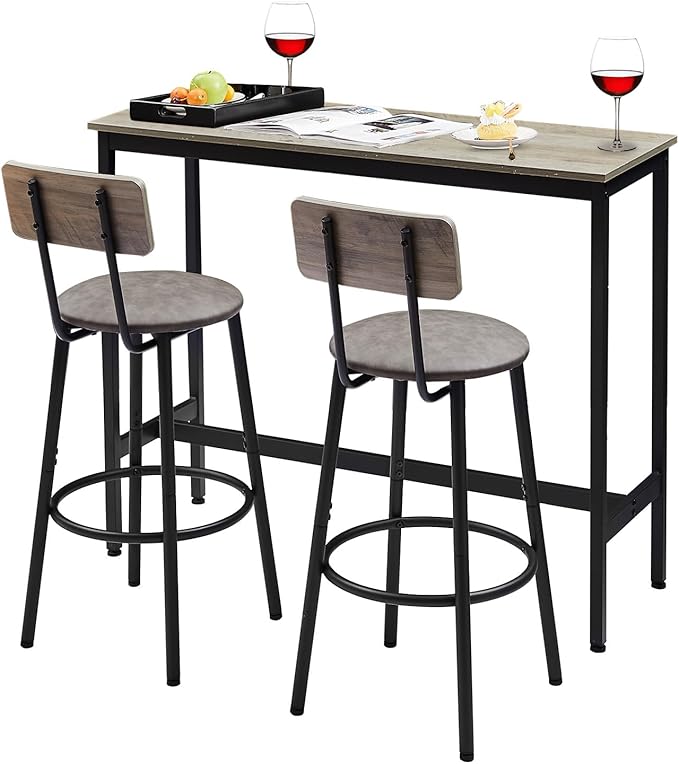 Tatub Bar Table with Stools Set of 2, Industrial 3 Piece Counter Height Small Dining Sofa Table and Chairs Set of 2, Gray