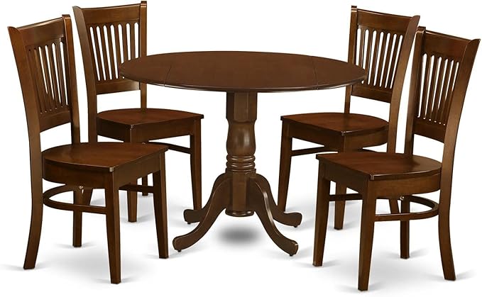 East West Furniture DLVA5-ESP-W 5 Piece Kitchen Table Set for 4 Includes a Round Dining Room Table with Dropleaf and 4 Solid Wood Seat Chairs, 42x42 Inch, Espresso