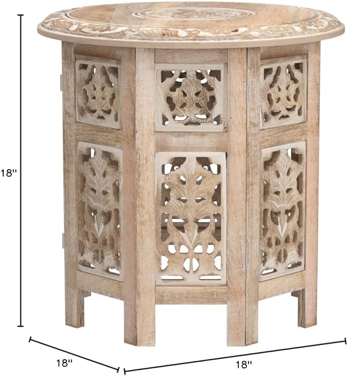The Wooden Town Carved Wood Round End Table – 18" Accent Side Table for Living Room, White Washed Small Coffee Table, Handcrafted Altar Table, Solid Wood Design
