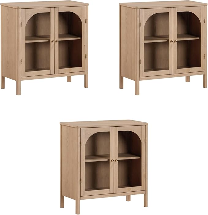 Nathan James Mason Modern Farmhouse TV Stand, Free Standing Accent Sideboard Buffet, Cabinet with Glass Doors and Adjustable Shelf, Clear Glass/Raw Oak Set of 3