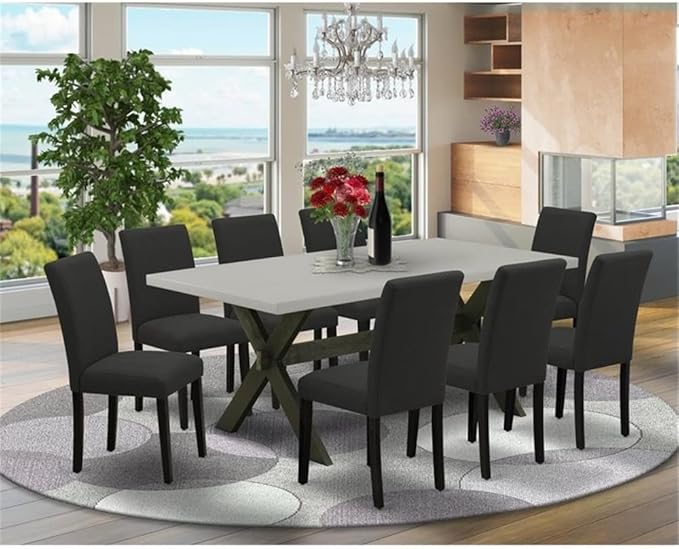 East West Furniture X697AB624-9 9 Piece Dining Room Table Set Includes a Rectangle Kitchen Table with X-Legs and 8 Black Color Linen Fabric Parsons Dining Chairs, 40x72 Inch, Multi-Color