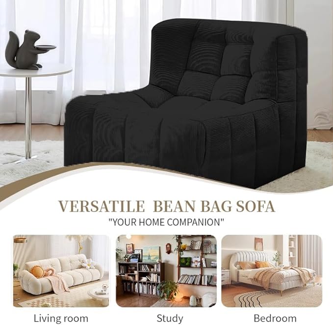 Bean Bag Chair - Memory Foam Bean Bag Chair for Adults, Comfy High-Resilience Single Sofa, Small Space Floor Chair, Chaise Lounge for Living Room, Bedroom (Black, Square)
