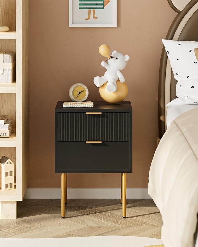 Nightstand,Small Bedside Table with Gold Frame,Morden Night Stand with 2 Drawer,End Table,Side Table with Drawer and Shelf for Bedroom,Living Room, Black