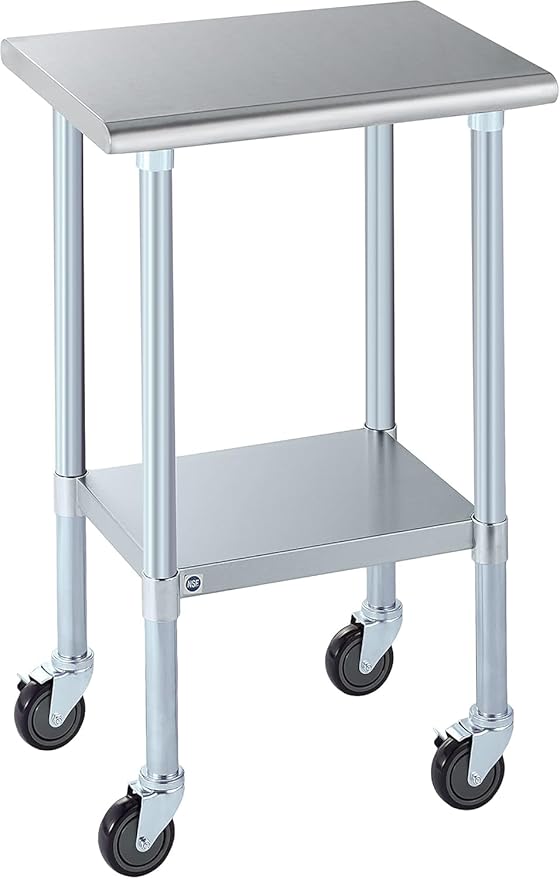 ROCKPOINT Stainless Steel Table for Prep & Work with Caster Wheels 18x24 Inches, NSF Metal Commercial Kitchen Heavy Duty Table with Adjustable Under Shelf and Table Foot for Restaurant, Home and Hotel