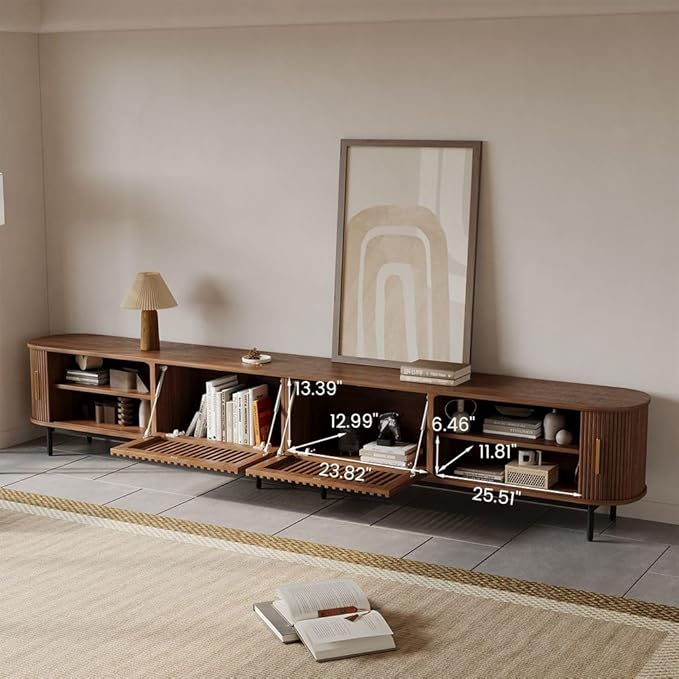 POVISON Sliding Tambour Door TV Stand with LED Lights, Mid Century Modern TV Console, Wood Media Console, Entertainment Center with Storage Cabinet, Fully-Assembled (Walnut, 118.11")