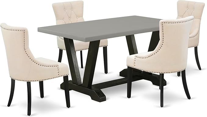 East West Furniture V696FR102-5 5 Piece Dinette Set for 4 Includes a Rectangle Dining Table with V-Legs and 4 Light Beige Linen Fabric Parson Dining Room Chairs, 36x60 Inch, Multi-Color