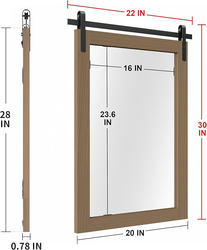 Brown Farmhouse Mirror for Wall, 22x30INCH Wood Framed Rectangle Bathroom Mirrors for Vanity, Barn Door Style Mirrors Wall Mounted Dresser Decor Mirror Living Room Bedroom Vertical