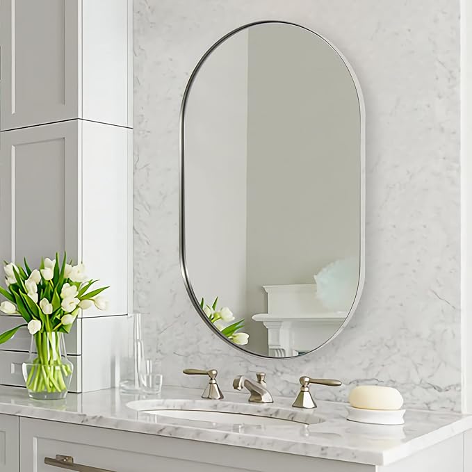 ANDY STAR 26x38’’ Brushed Nickel Oval Bathroom Mirror, Pill-Shaped Nickel Mirror Metal Framed, Stainless Steel Anti-Rust, Wall-Mounted Vertical/Horizontal