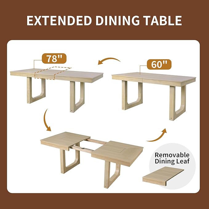 Merax 7 Piece Extendable Wooden Dining Table Set, Farmhouse Extendable with 18" Move Leaf, 78" Rustic and 6 Upholstered Chairs for Kitchen Room, Natural