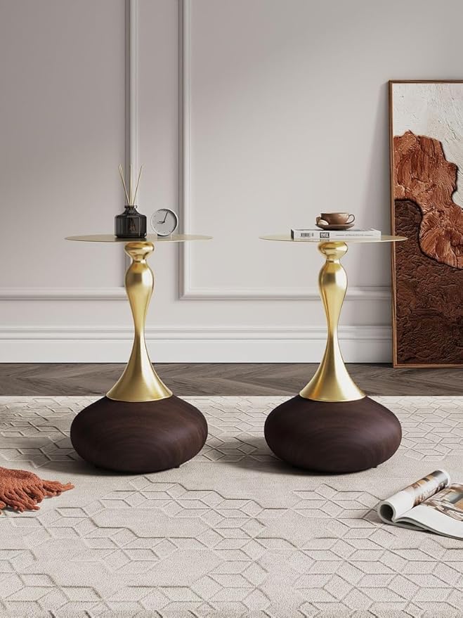 Manhattan Comfort Patchin Modern 15.75" Round End Table - Sleek Wood-Finished Steel Base with Gold Tabletop, Fully Assembled Accent Furniture, Set of 2, Brown/Gold
