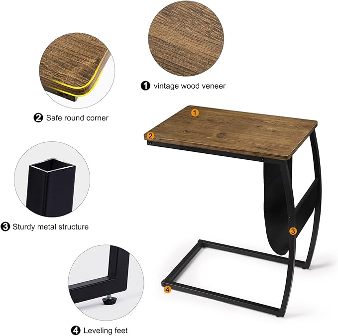 SRIWATANA Side Table End Table, Vintage C Shaped Couch Table with Side Pocket for Sofa Laptop Coffee Snack, Walnut