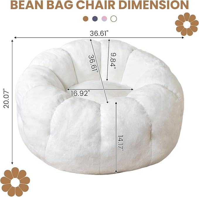 Bean Bag Chairs for Adults, Faux Fur Reading Chair with Petal Arm Rest Fluffy Comfy Chair for Bedroom, Living Room, Dorm, Game - White, Large, Low Support