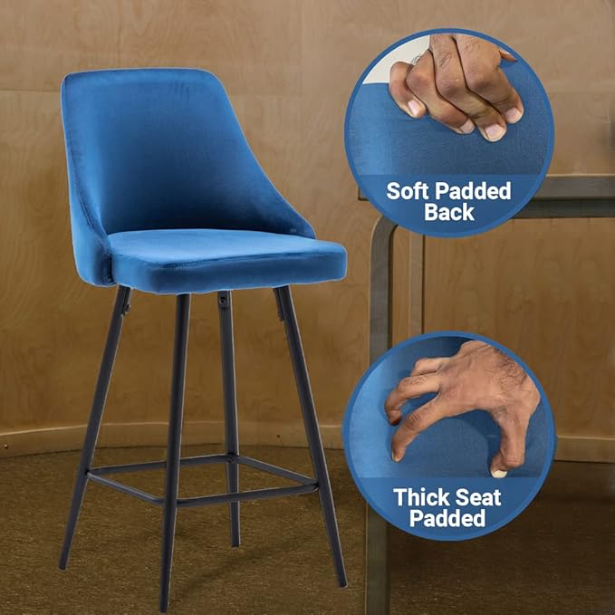 BTEXPERT Set of 2,Premium upholstered Dining 25" Seat Height, High Back Count Stool Bar Chairs, Pack Blue Velvet barstools