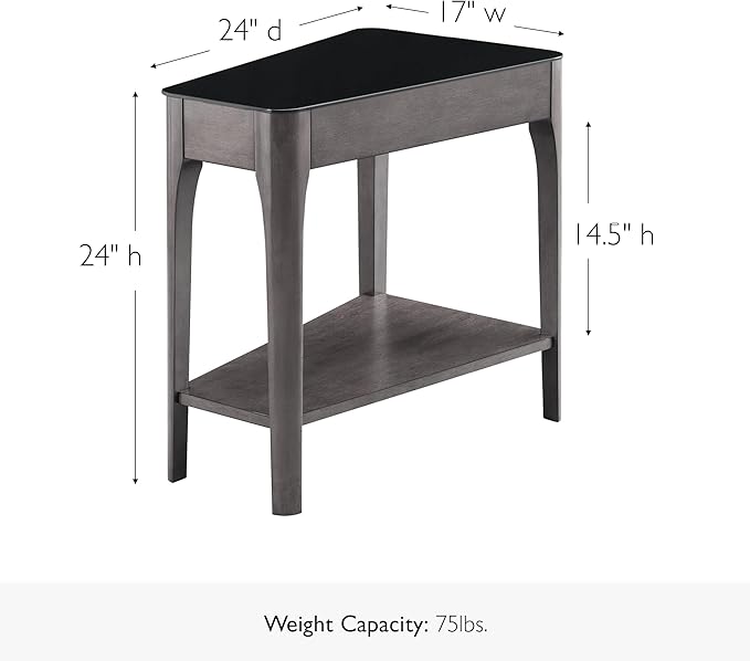Leick Home Obsidian End Table, Solid Wood, Narrow Wedge Shape, Glass Tabletop, Bottom Display Shelf, Easy Assemlby, Smoke Gray/Black, 24.0 in. L x 17.0 in. W x 24.0 in. H, 11102-GR