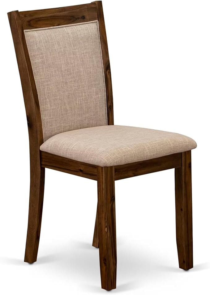 I7MZ5-50N-04 5-Pc Dining Room Set Includes a Pedestal Round Table and 4 Light Tan Polyester Fabric Padded Chairs with Padded Back - Antique Walnut Finish