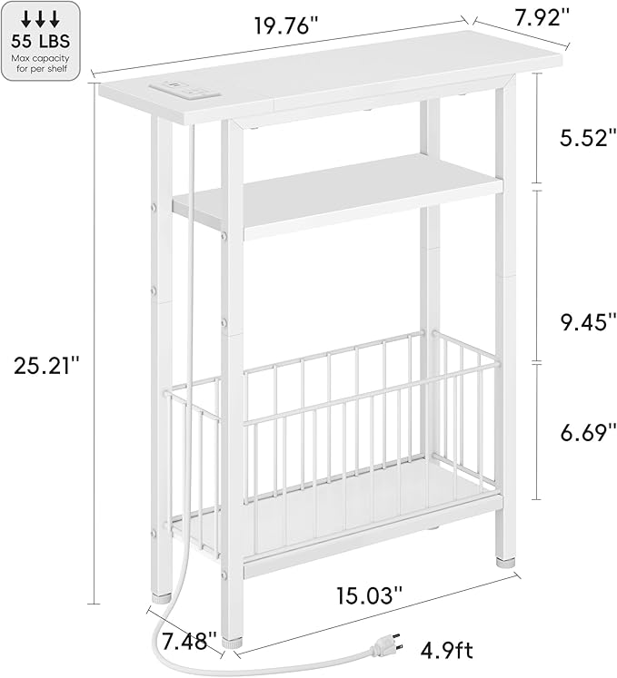 Vagusicc Narrow Side Table with Charging Station, Skinny Side End Table for Couch, 3-Tier Small End Tables for Small Spaces, 25.2" Tall Slim Nightstand Bedside Table for Living Room, Bedroom, White