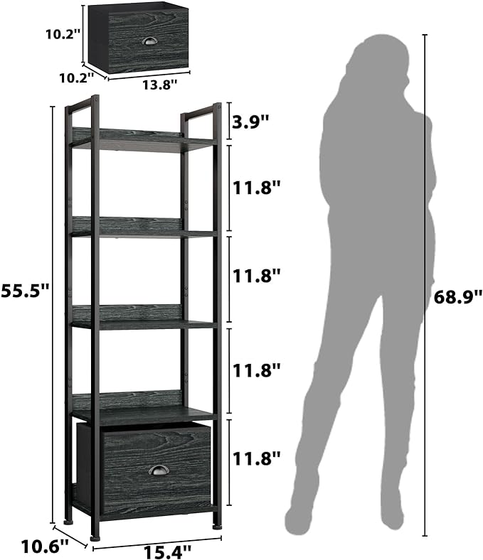 Furologee 5 Tier Bookshelf with Drawer, Kitchen Bakers Rack with Storage, Tall Narrow Bookcase, Industrial Free Standing Display Shelf, Wood and Metal Book Shelf for Bedroom, Living Room, Black