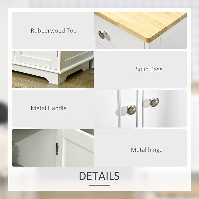 HOMCOM Sideboard with Solid Wood Countertop, Modern Kitchen Storage Cabinet, Coffee Bar Cabinet with 3 Drawers, Doors and Adjustable Shelf, White