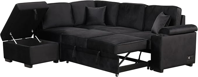 Ball & Cast 84" Convertible Sectional Sofa Bed,L-Shaped Sleeper Couch w/Storage Ottoman,Cup Holder and Charging Stations,Put Out Sofas w/Chaise,for Living Room and Small Apartment,Black