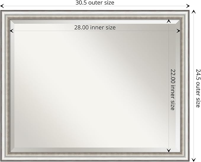 Amanti Art Silver Bathroom Mirror for Over Sink, 25x31 Salon Silver Narrow Rectangle Vanity Mirror, Large Traditional Frame, Hangs Horizonally and Vertically, Bathroom Wall Decor, Beveled Edge