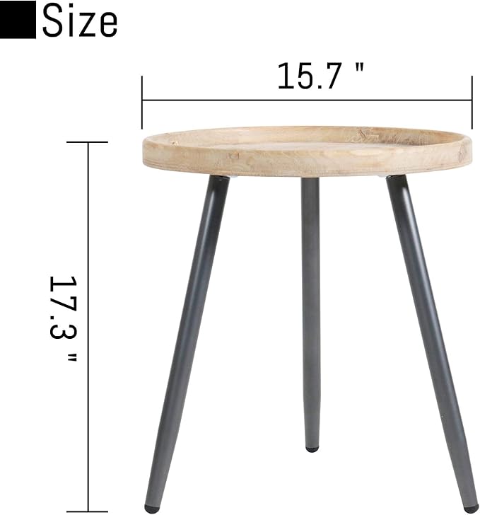 LITA 2 Pcs Round Side End Table, Nightstand Tables, Log Desktop, Wooden Tray Table with Black Metal Stand End Table for Living Room Bedroom Office Small Spaces (M)