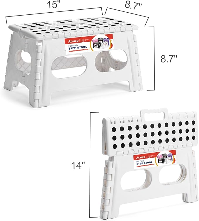 ACSTEP Folding Step Stool 9 Inch,15-Inch Extra Wide Heavy Duty Stepping Stool More Safe and Comfortable Non Slip Foldable Step Stool for Kids and Adults White