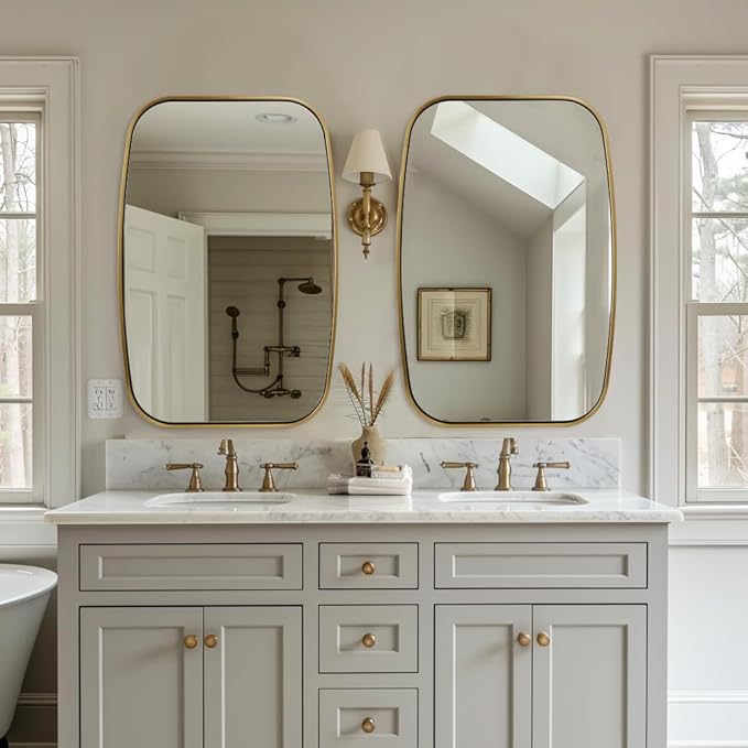 ANDY STAR Brushed Gold Oval Bathroom Mirror, 24x36 Inch Brass Oblong Mirrors for Wall, Modern Rectangle Vanity Mirror with Rounded Corner, Stainless Steel Wall Mount Horizontal or Vertical