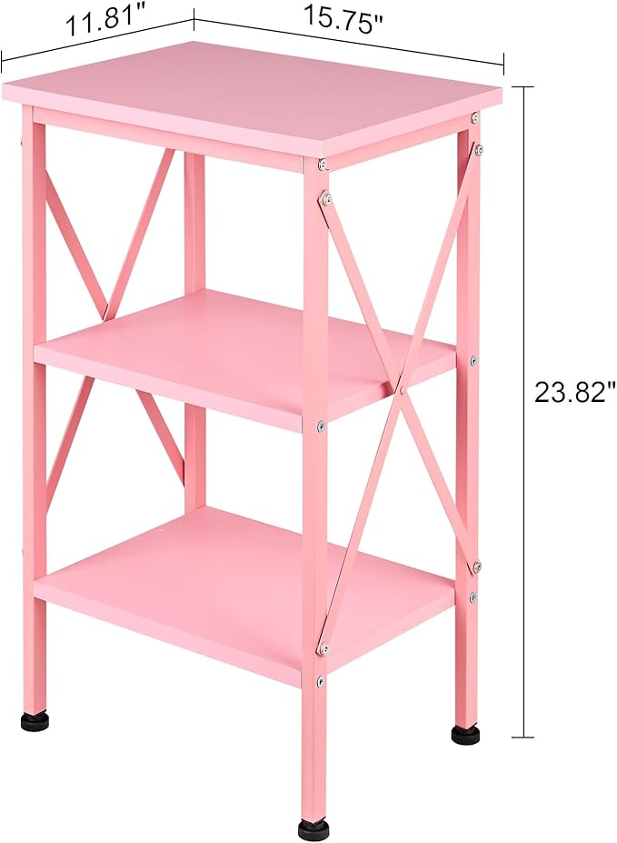 VECELO End Table, Bedside Table, 24" Tall Living Room End Tables, X-Design Reinforced Nightstands, Side Table with 3-Tier Storage Shelves for Small Spaces, Office, Bathroom, Bedroom, Pink