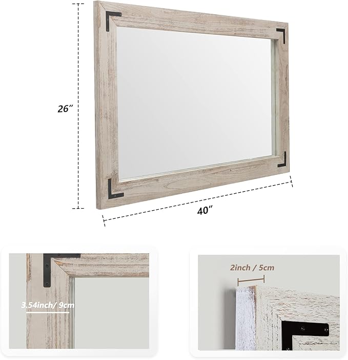 YOSHOOT Rustic Wooden Framed Wall Mirror, Natural Wood Bathroom Vanity Mirror for Farmhouse Decor, Vertical or Horizontal Hanging (40" x 26", White Grey)