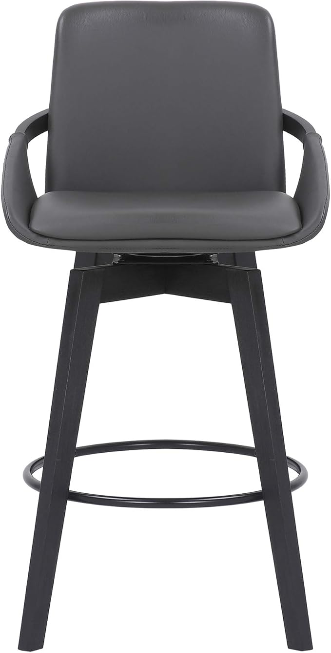 Armen Living Baylor Mid Century Modern Swivel Bar Stool for Kitchen Island Counter in Gray Faux Leather and Black Wood, 26" Seat Height