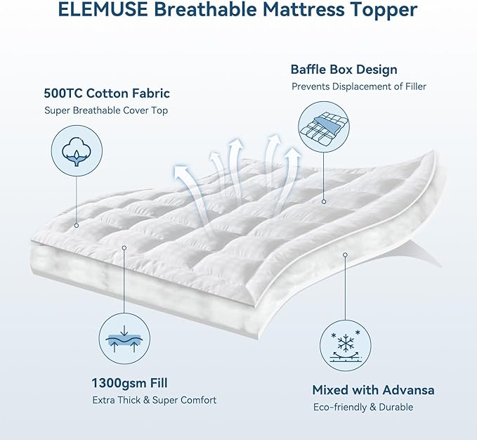 ELEMUSE Twin Cooling Mattress Topper, Extra Thick 1300gsm Mattress Pad for Back Pain Relief, Plush 500TC Cotton Pillow Top with Deep Pocket, Overfilled with Mixed Advansa Down Alternative Filling