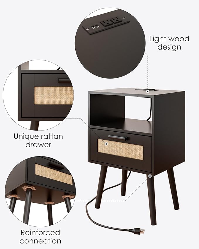 Bedroom Nightstands Wooden Night Stands with Rattan Weaving Drawer Home Bedside End Table for Bedroom Storage (Modern-Black)