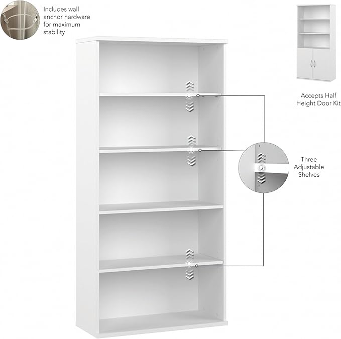 Bush Business Furniture Studio C Tall 5 Shelf Bookcase in White, Large Bookshelf for Home or Professional Office