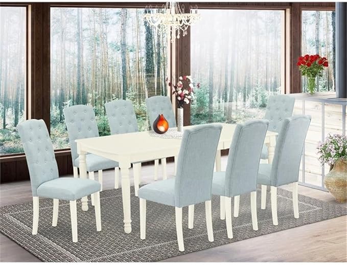 East West Furniture DOCE9-LWH-15 9 Piece Dining Table Set Includes a Rectangle Dining Room Table with Butterfly Leaf and 8 Baby Blue Linen Fabric Parsons Chairs, 42x78 Inch, Linen White