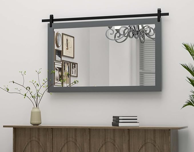 PAIHOME Large Gray Wall Mirror, Farmhouse Horizontal Rustic Square Bathroom Mirror for Wood Framed Vanity Mirrors, Barn Door Style Decor Living Room Entryway Bedroom 40x26INCH, Grey