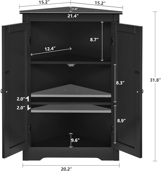 Iwell Corner Cabinet, Corner Bathroom Cabinet with 2 Doors & Adjustable Shelves, for Bathroom, Living Room, Kitchen, Black