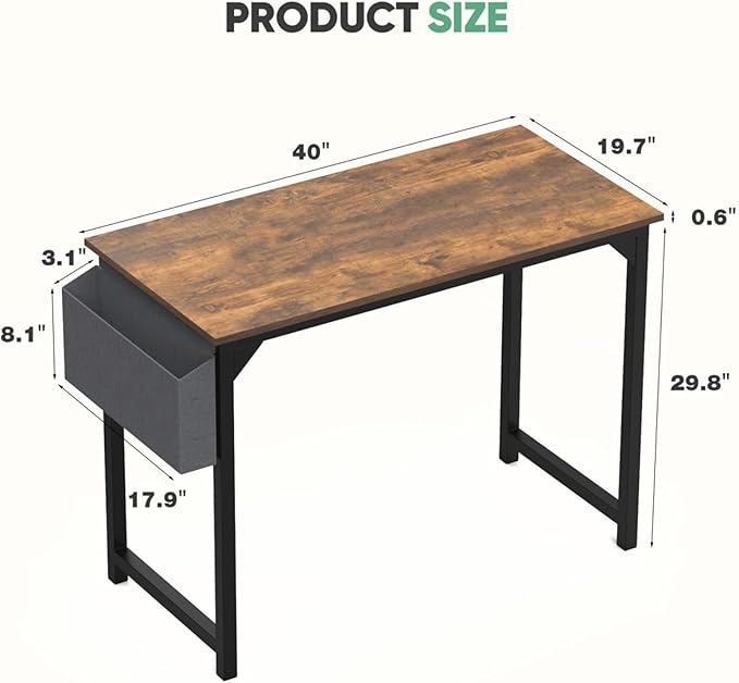 40 Inch Desk Office with Storage, Modern Simple Style Gaming Computer Table for Youth Student Adult, Metal and Wood Home Office Furniture, Rustic Brown
