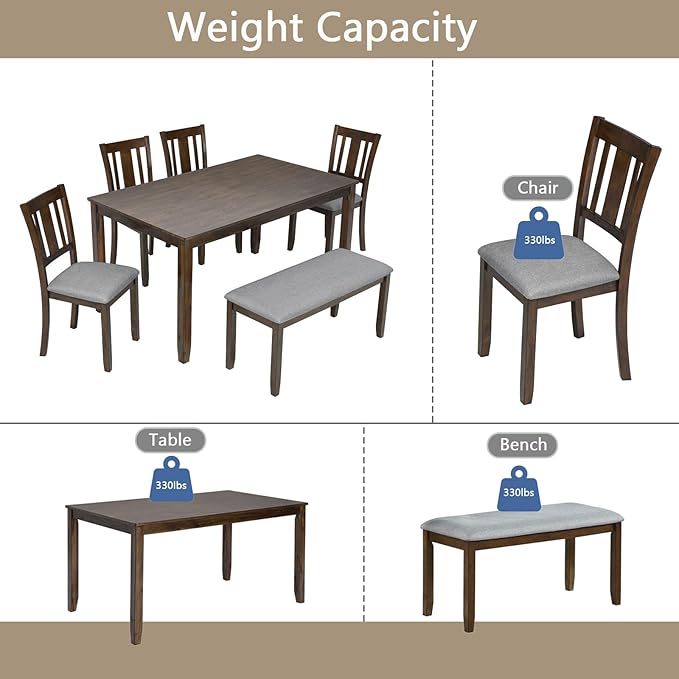soges 6 Piece Kitchen Dining Table Set, Wooden Dining Table with 4 Upholstered Chairs and a Bench for 6 People, Living Room, Home and Kitchen, Table Chairs Set, Walnut