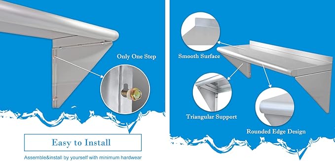 12''x36'' - 2PACKS Wall Mounted Stainless Steel Shelf NSF Commercial Metal Wall Mount Floating Shelving for Kitchen, Restaurant, Food Truck,Garage,Washrooms,Home&Hotel