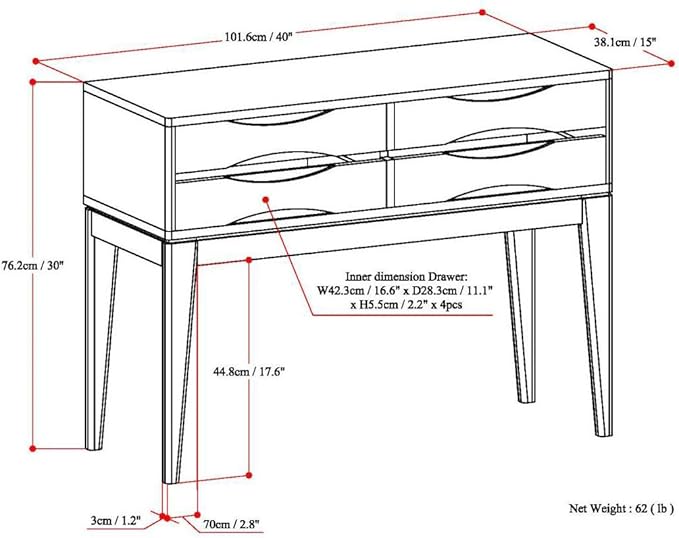 SIMPLIHOME Harper Console Table - 40 Inch Wide Solid Hardwood Sofa Table in Walnut Brown, Mid-Century Modern Storage Table for Entryway or Living Room with 4 Drawers, Notched Handles, and Tapered Legs
