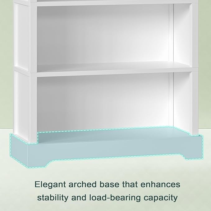 TVU 5-Tier Wooden Book Shelf, 65" Tall Bookshelf with Storage, Floor-Standing Display Bookcase, Farmhouse Style Bookshelf with Arched Base, Suitable for Living Room, Study, Office, White