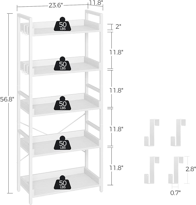 Rolanstar Bookshelf 5 Tier with 4 Hooks, Industrial Bookcase, Vintage Storage Rack with Open Shelves, Rustic Standing Bookshelves Metal Frame Display Rack for Living Room, Bedroom, White