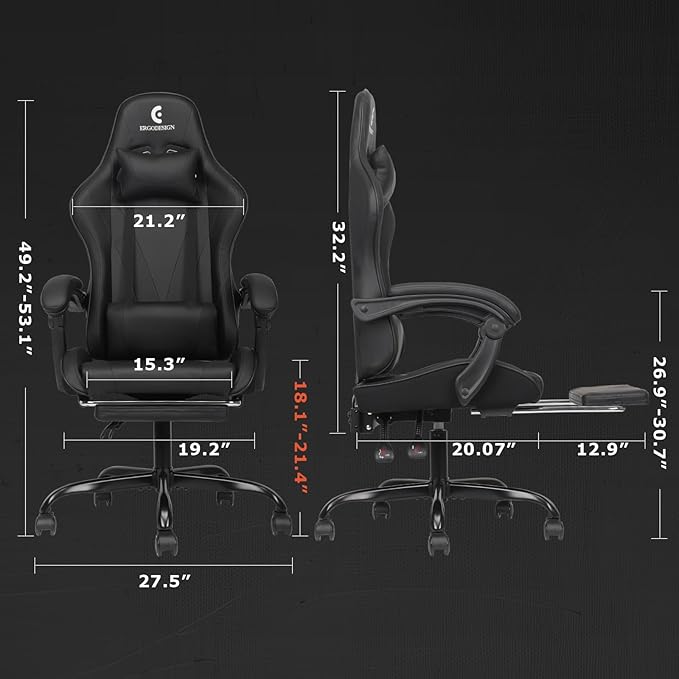 Gaming Chair with Linkage Armrest & Footrest, High Back Video Gaming Chair, Black