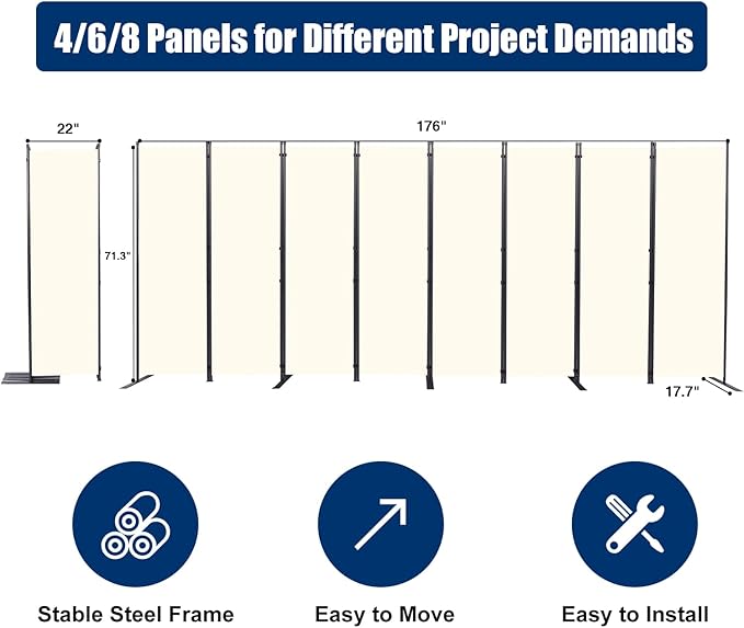 Room Divider 6FT Portable Room Dividers and Folding Privacy Screens, 176'' W Fabric Divider for Room Separation, 8 Panel Partition Room Dividers Freestanding Wall Divider Screen for Dorm Studio Office