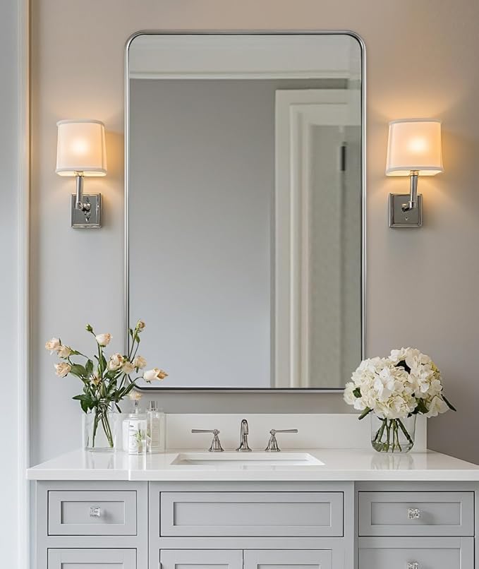 ANDY STAR Brushed Nickel Mirror, Stainless Steel Metal Frame 24x36 Inch Bathroom Mirror for Over Sink, Modern Rounded Corner Slim Silver Vanity Mirror for Wall Mounted Horizontally or Vertically