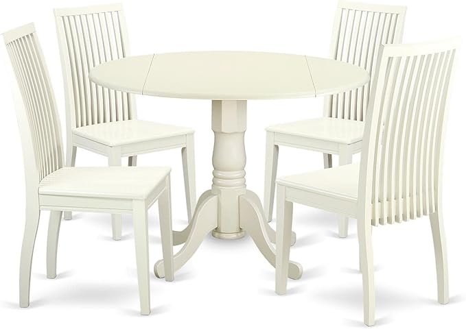 East West Furniture DLIP5-LWH-W 5 Piece Kitchen Table & Chairs Set Includes a Round Dining Table with Dropleaf and 4 Dining Room Chairs, 42x42 Inch, Linen White