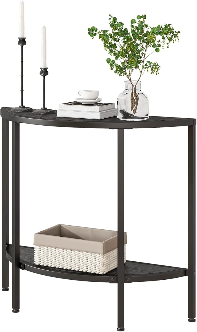 Console Table 2 Tier Narrow Entryway Table with Storage,Half Moon Sofa Couch Table with Metal Frame,Wooden Accent Side Coffee Table for Living Room/Hallway or Small Spaces,Black